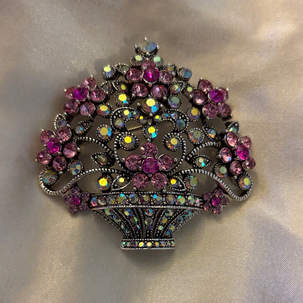 Floral Basket Brooch/Pendant with Pink & Silver Accents